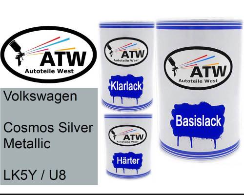 Volkswagen, Cosmos Silver Metallic, LK5Y / U8: 500ml Lackdose + 500ml Klarlack + 250ml Härter - Set, von ATW Autoteile West.